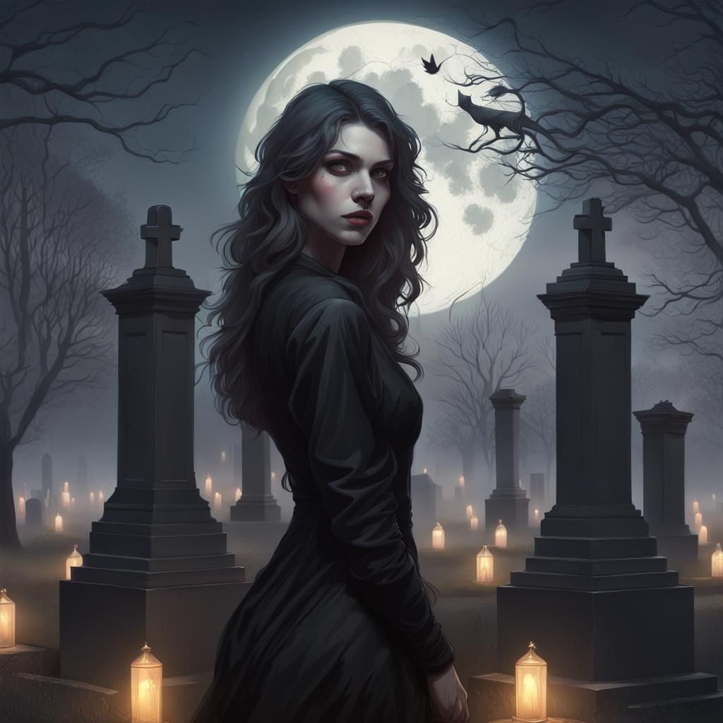 Woman in Black at Cemetery, Hyperdetailed Portrait