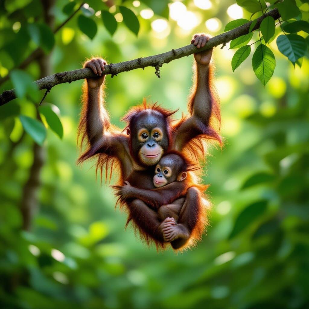 Orangutan and Baby in Lush Jungle Canopy