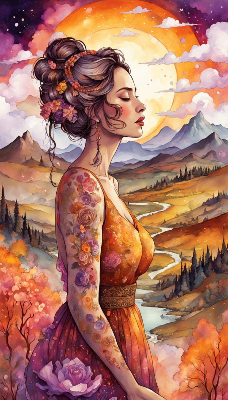 Crying Woman in Alcohol Ink Sunset Landscape