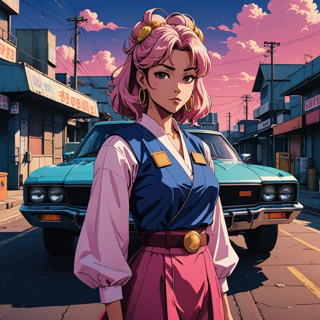 Gyaru Girl in Vintage Hanbok, 90s Anime Style