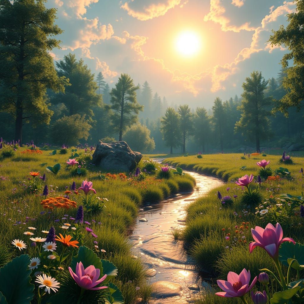 Surreal Landscape with Lavender Sky, Turquoise Meadow, and G...