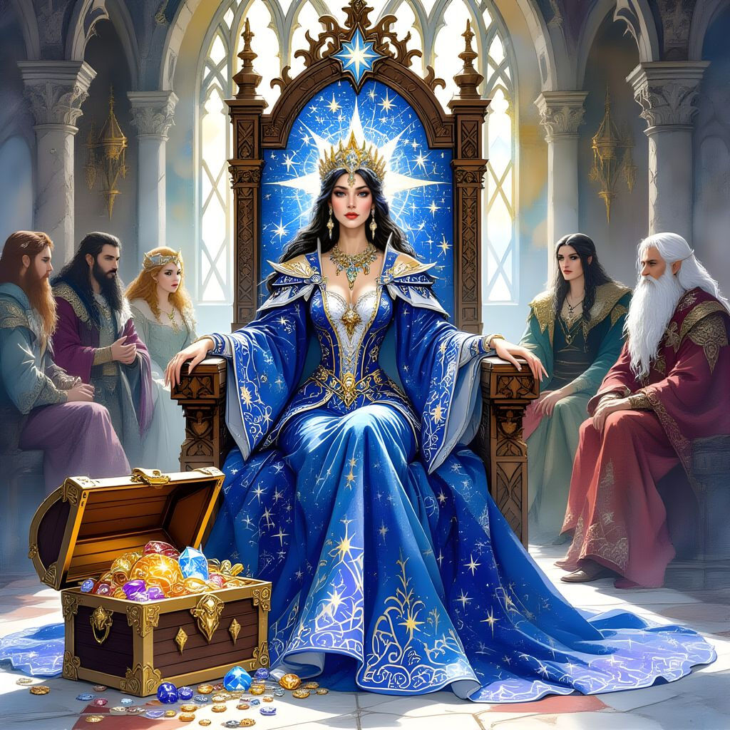 Majestic Empress in Gothic Tavern, Vintage Watercolor Style