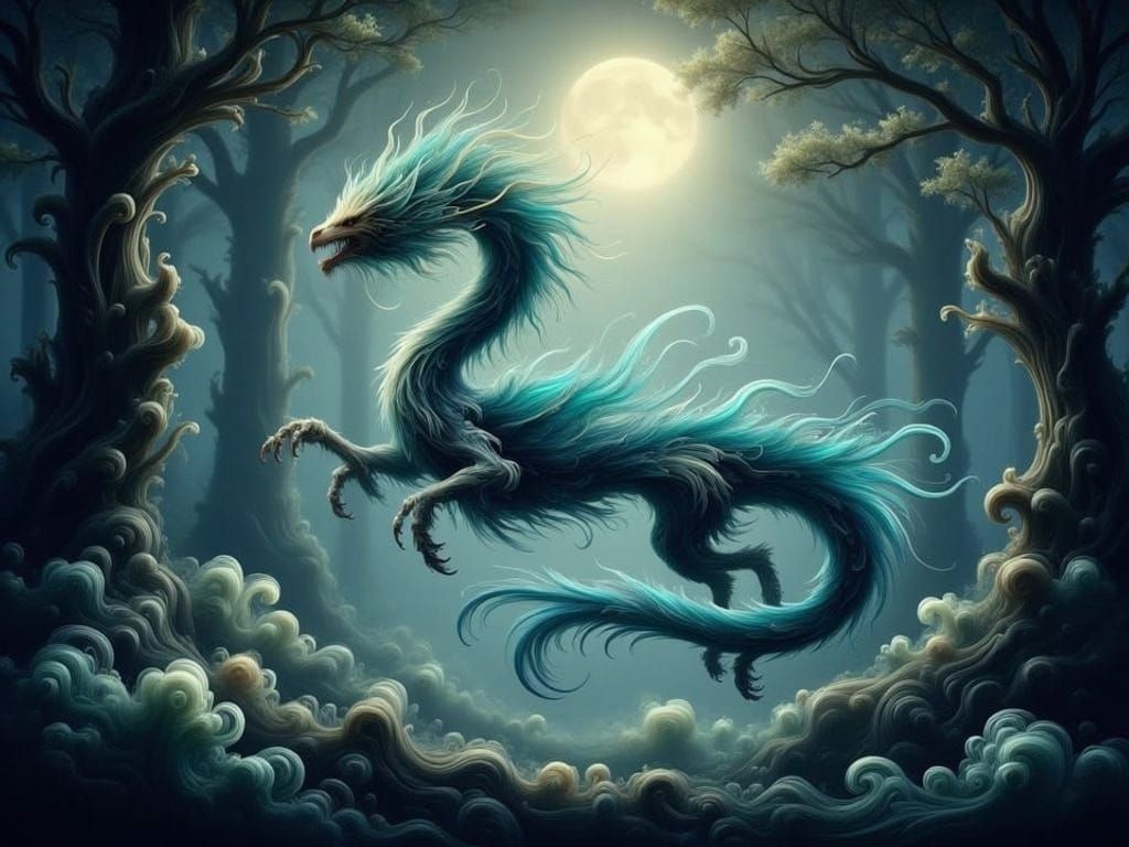 Magical Dragon Running Through Forest at Night