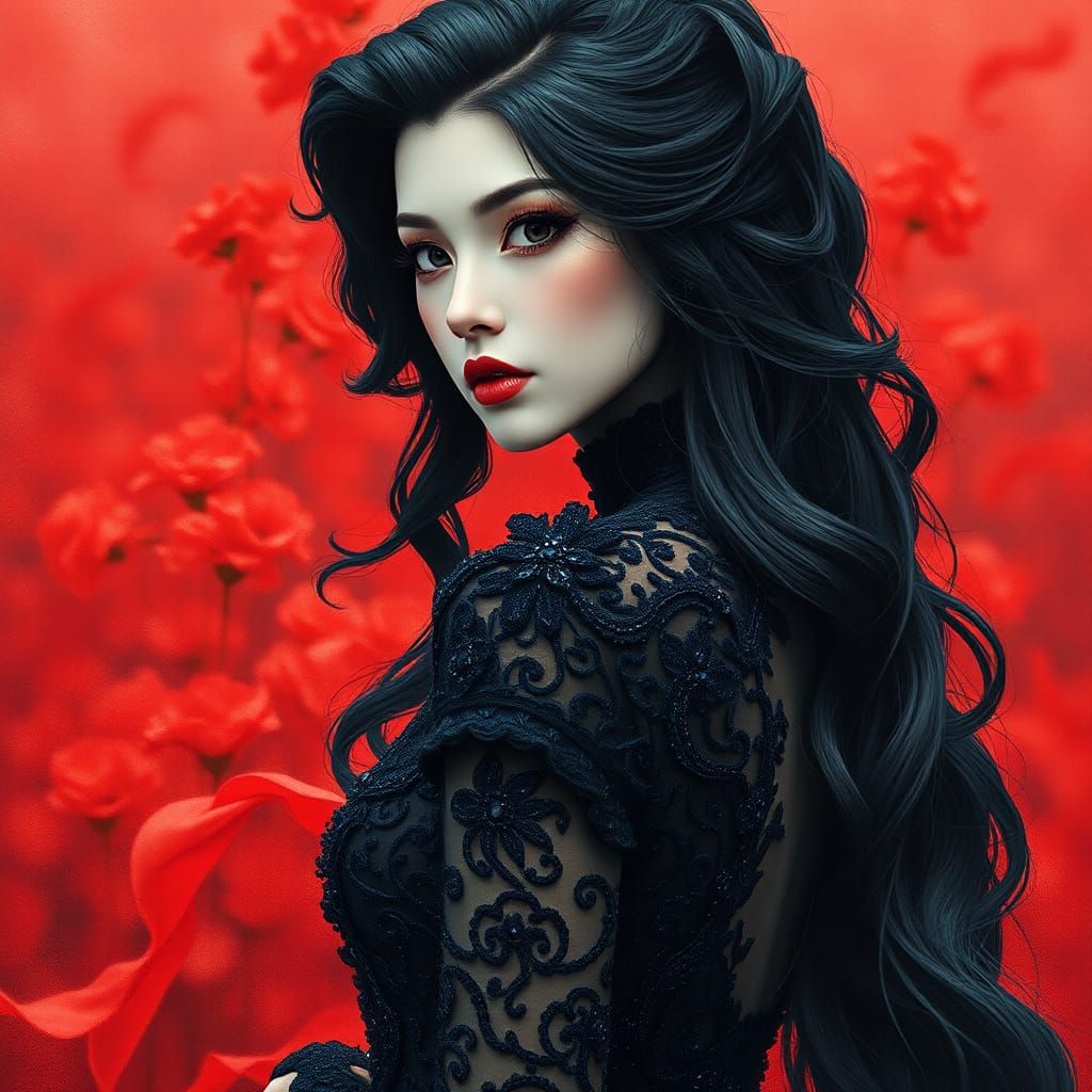 Woman in Haute Couture Gown, Impasto Charcoal Drawing