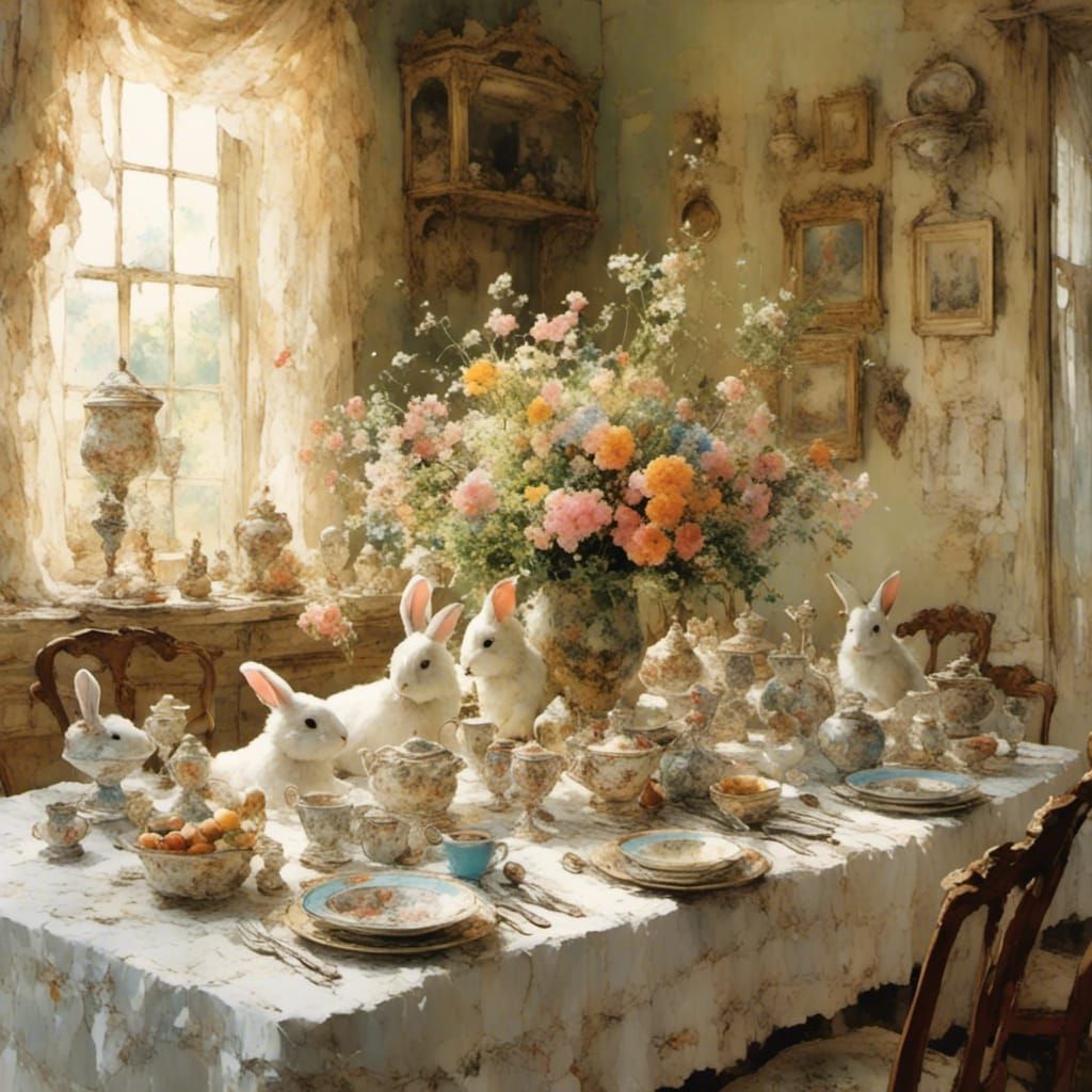 Cottagecore Easter Tablescape in Oil Painting Style