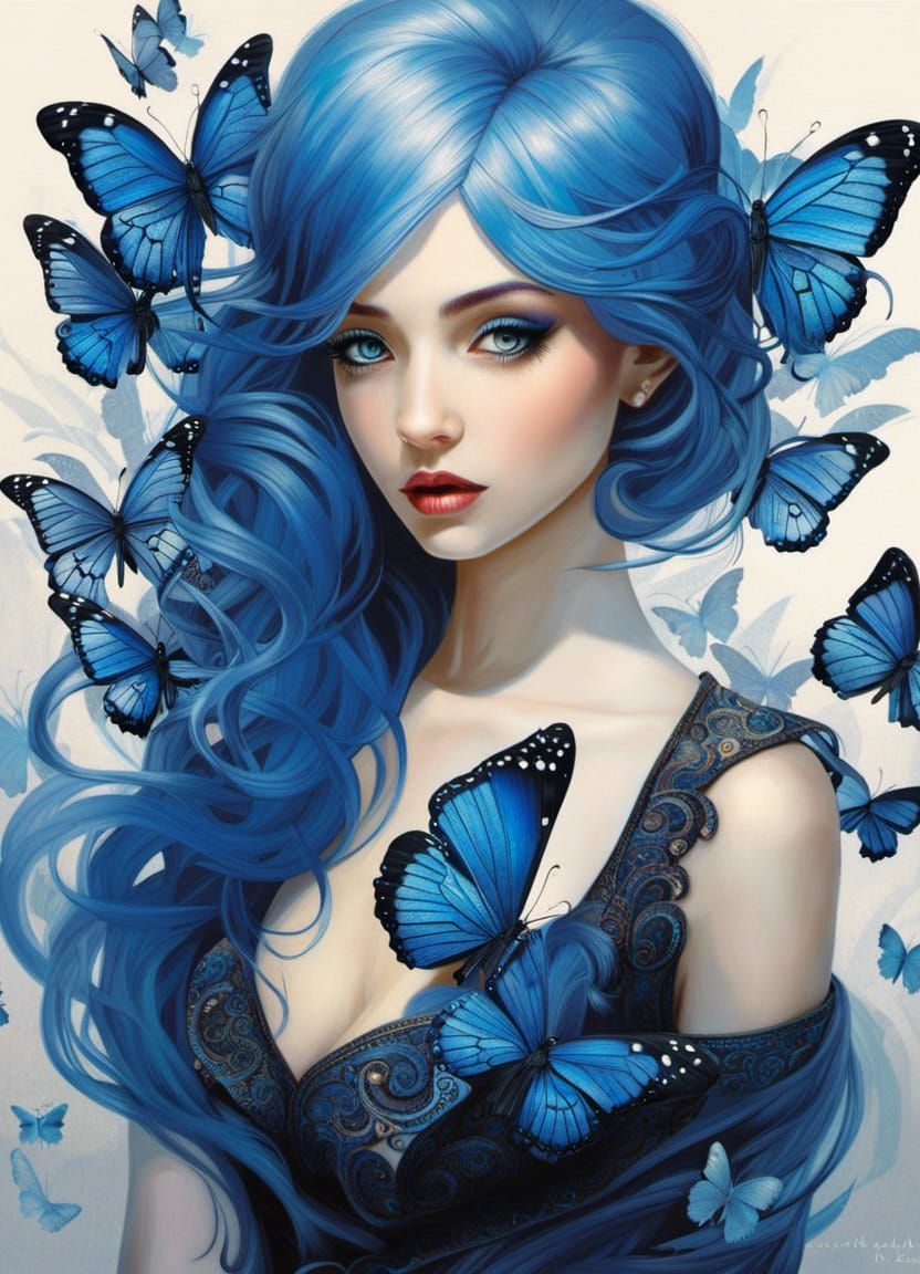 Ethereal Woman with Butterfly Hair in Digital Painting