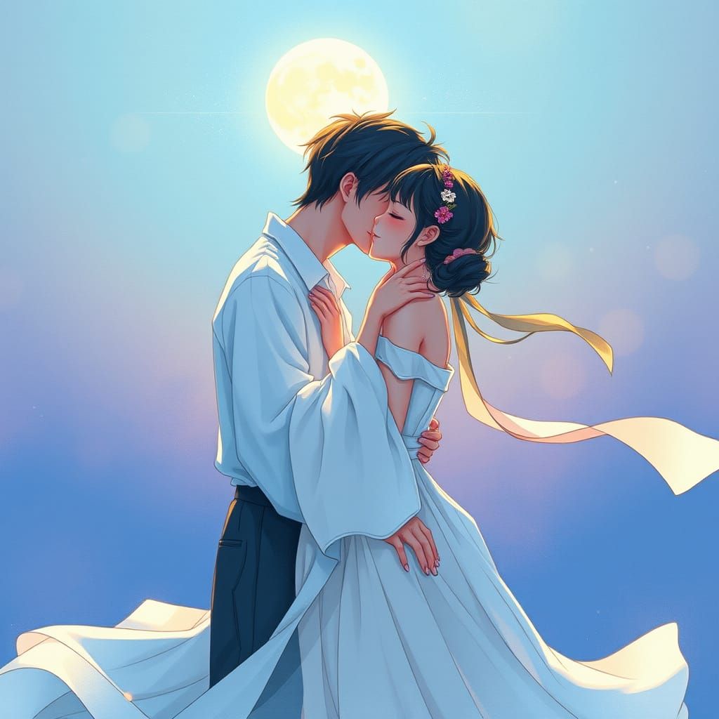 Romantic Kiss Under Falling Moon, in Anime Style