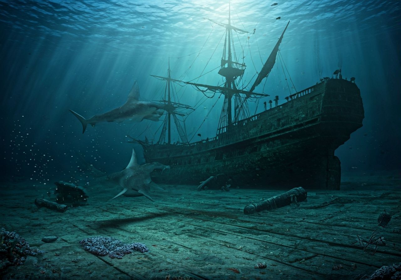 Hammerhead Shark Patrols Sunken Pirate Ship