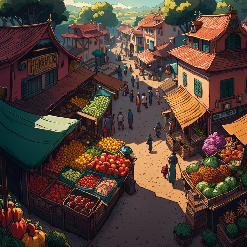 Colorful Medieval Farmers Market in Vibrant Digital Art