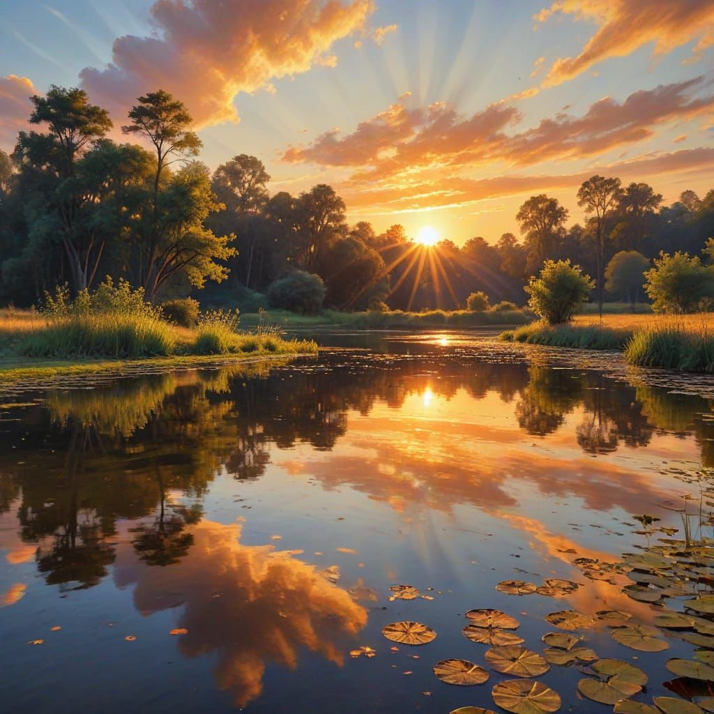 Golden Sunset Reflections on Pond Landscape Painting