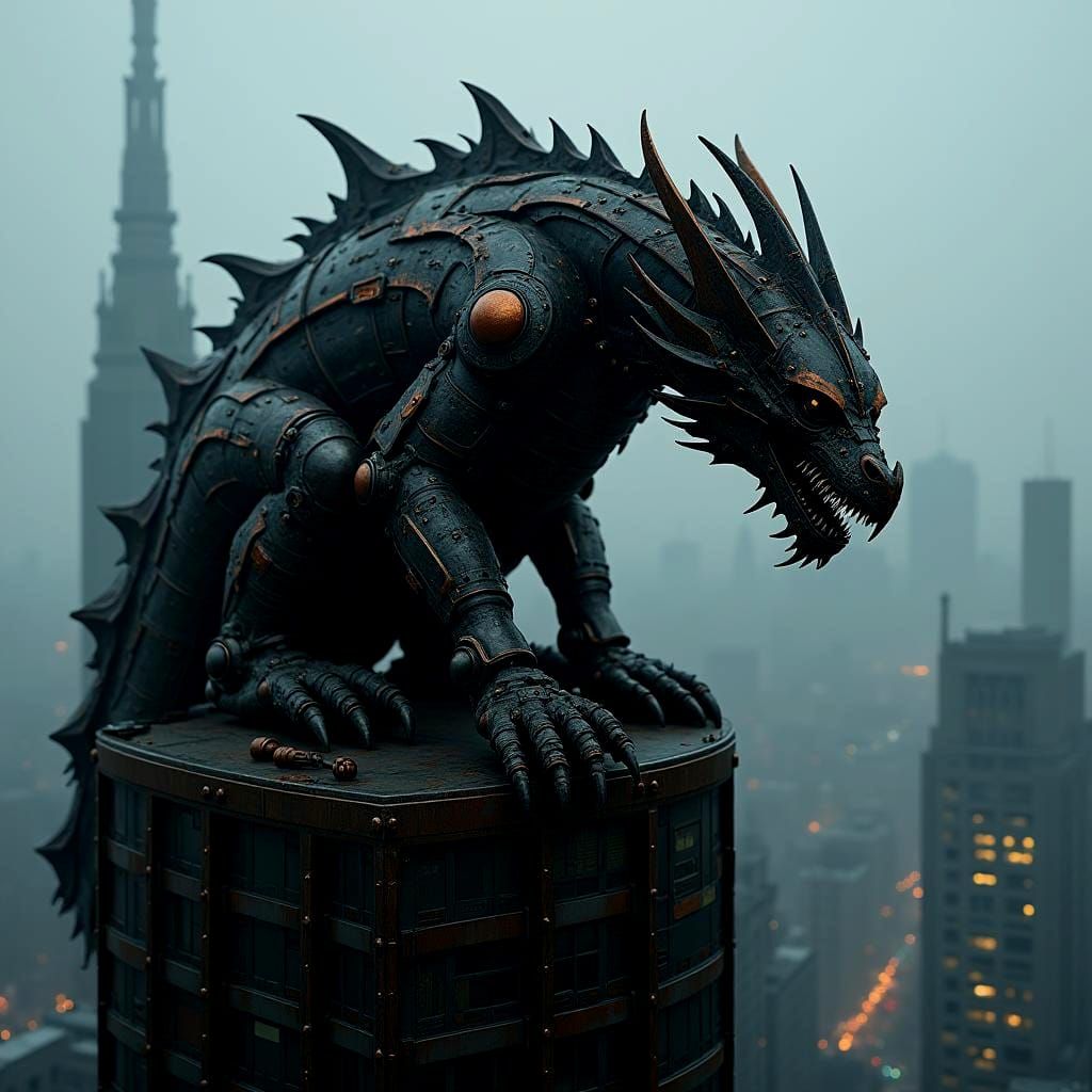 Mechanical Black Dragon on Gothic Skyscraper