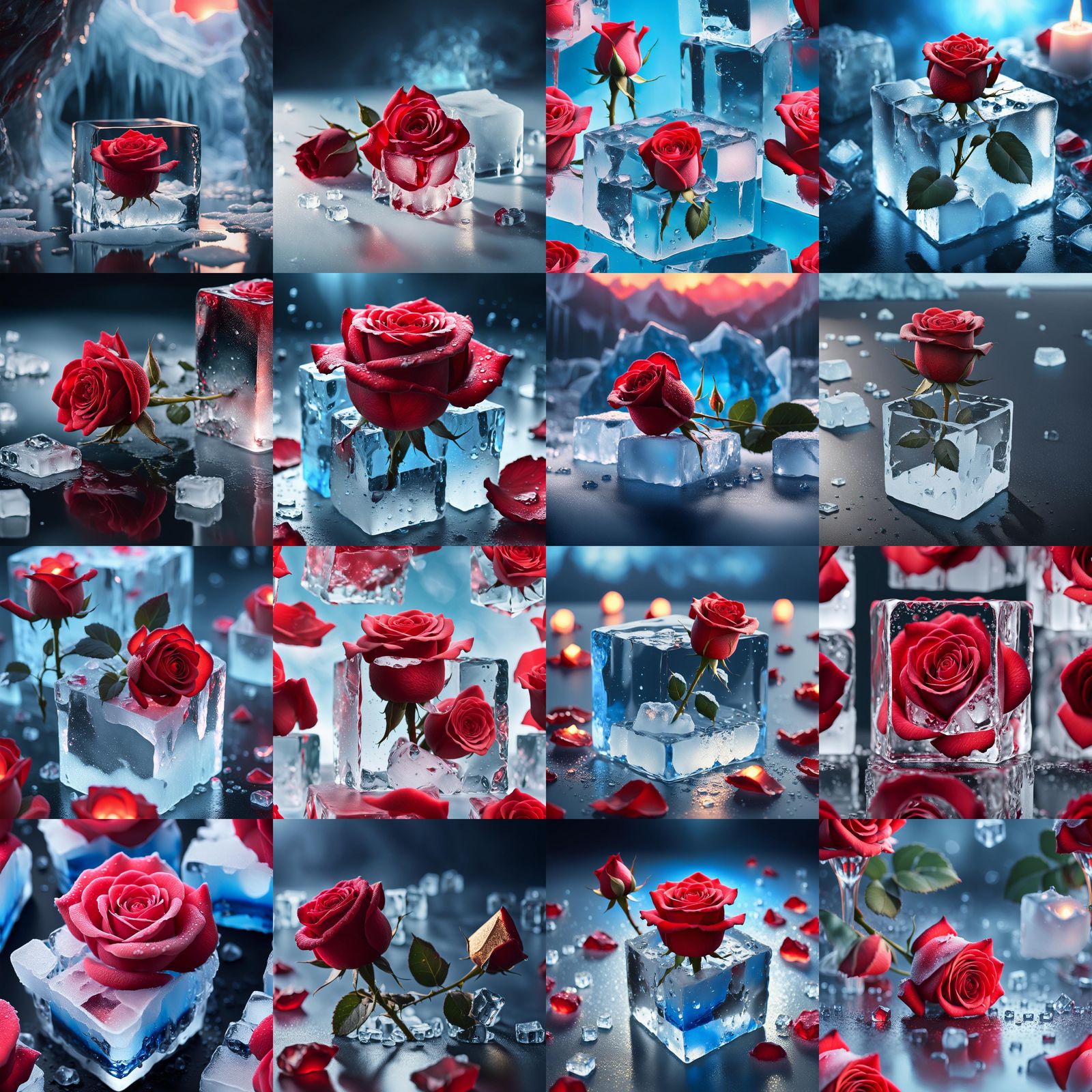 Glowing Rose and Ice Reflection, Digital Painting