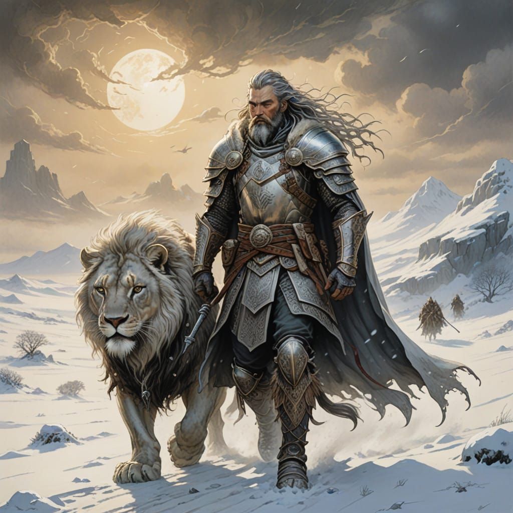 Epic Warrior Strolls Across Snowy Dunes with Majestic Lion C...