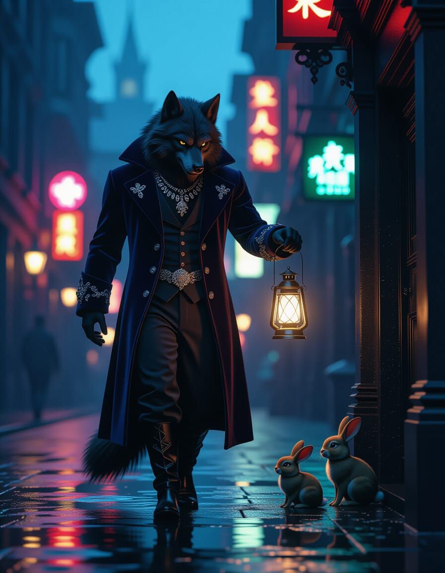 Regal Werewolf Guides Lost Rabbit in Neon City