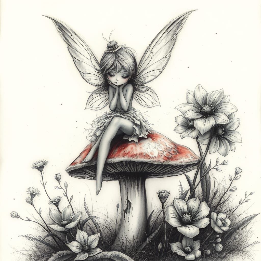 Fairy on Toadstool: Charcoal and Chalk Drawing