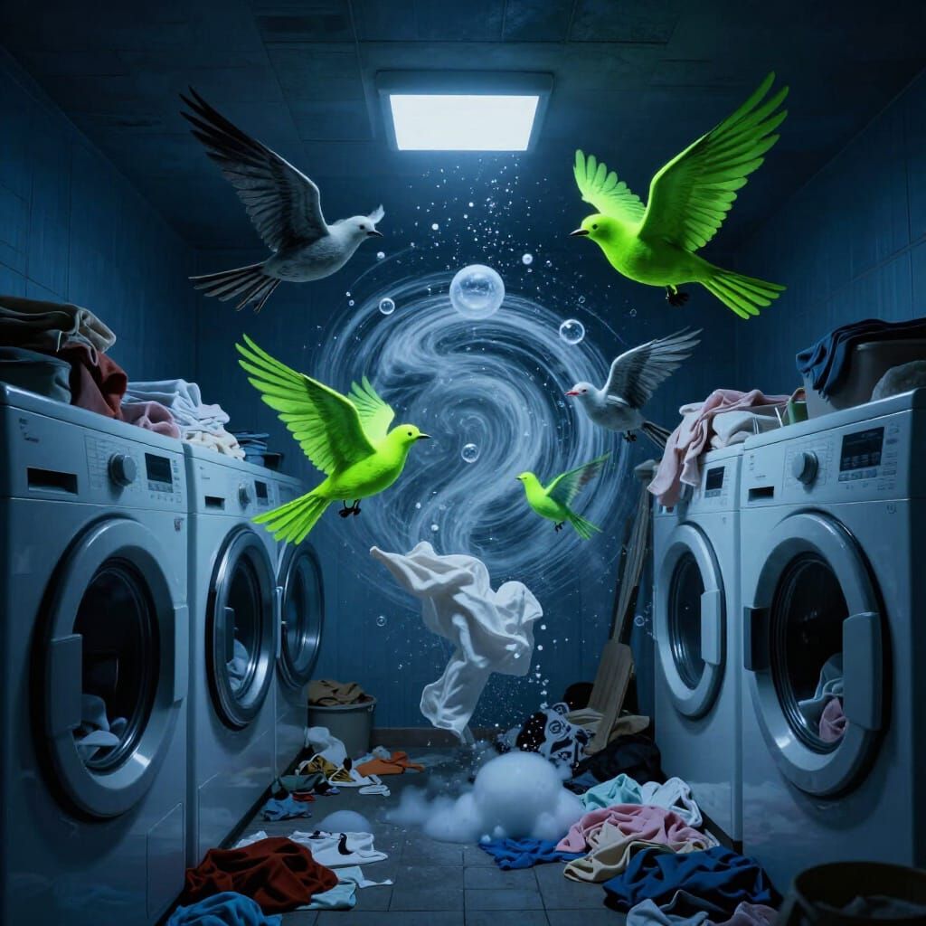 Surreal Basement Laundry Room With Flying Clothes