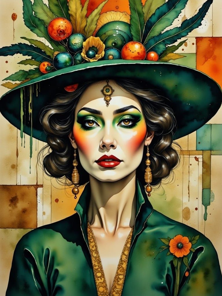 Elegant Woman in Green Hat with Earthy Tones and Abstract Pa...