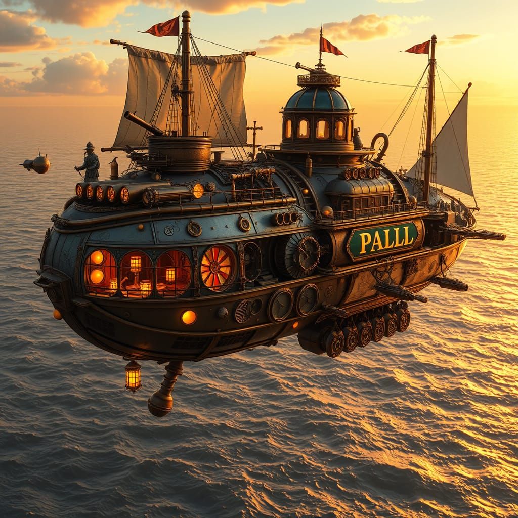 A steampunk airship-boat hybrid gliding above a shimmering o...