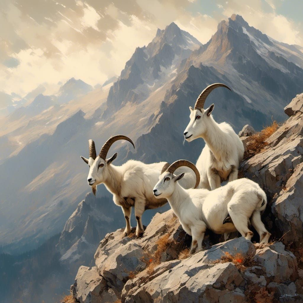 Horned mountain goats on a rocky ledge