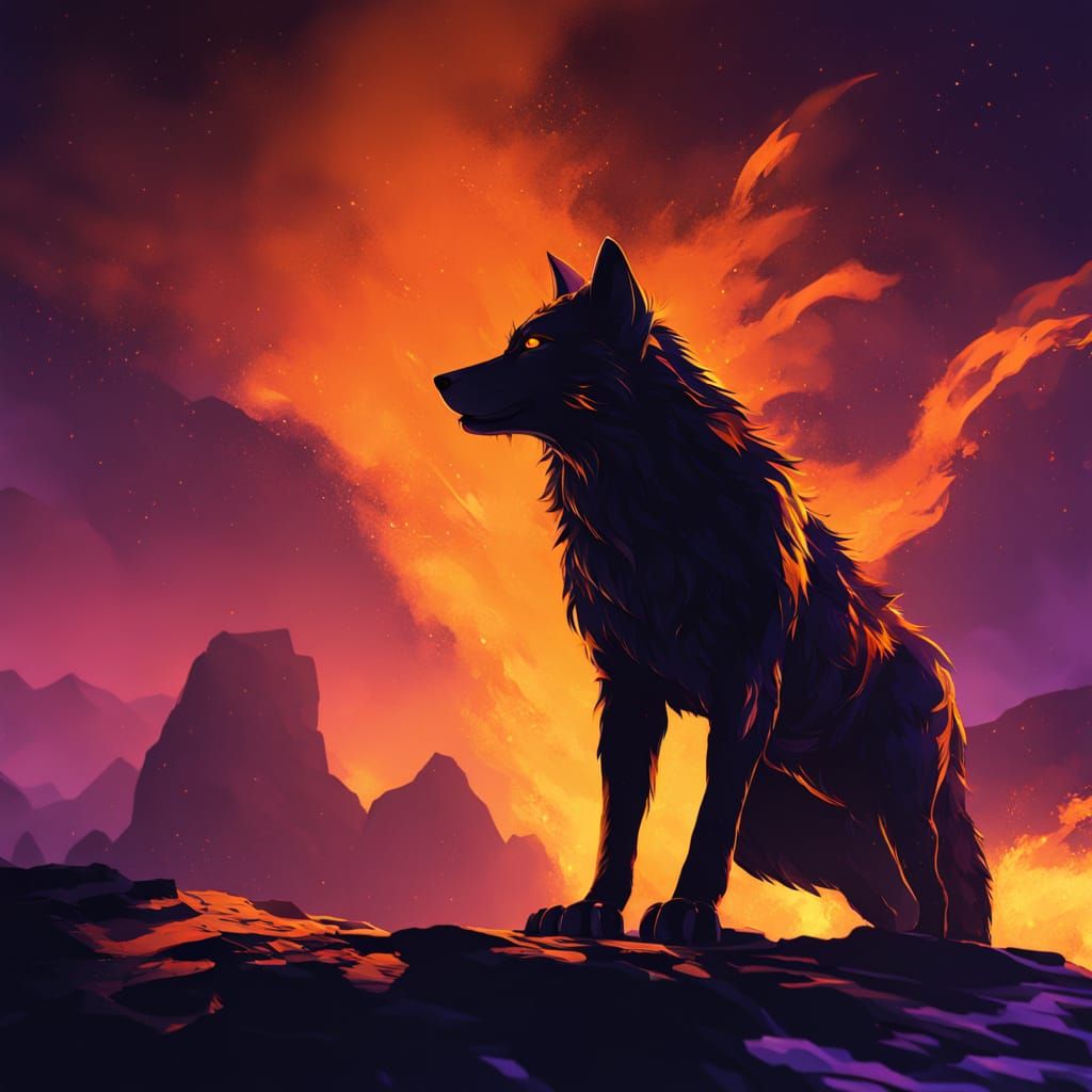 Fiery Wolf Dominates a Blazing Cliff at Night