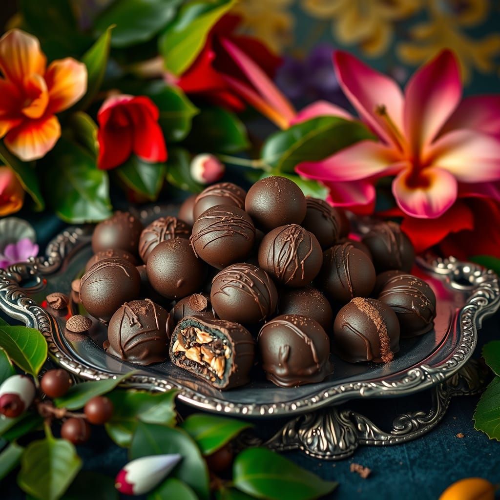 Luxurious Dark Chocolate Still Life in Whimsical Style