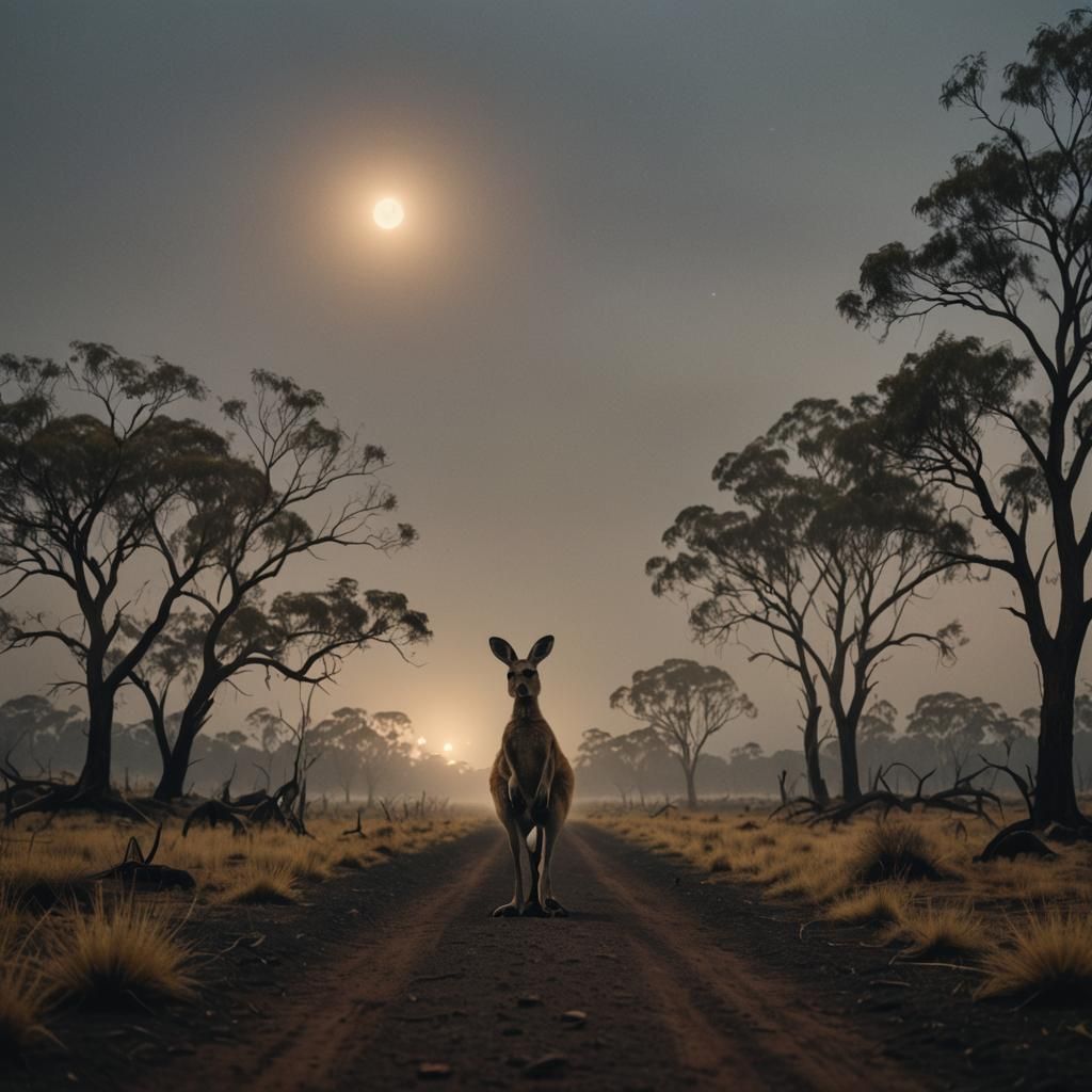 Kangaroo in Misty Outback: Cinematic Film Still