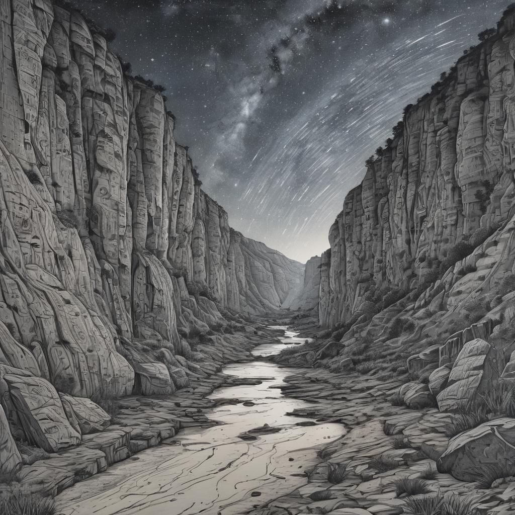 Starry Valley Drawing with Cliff Carvings