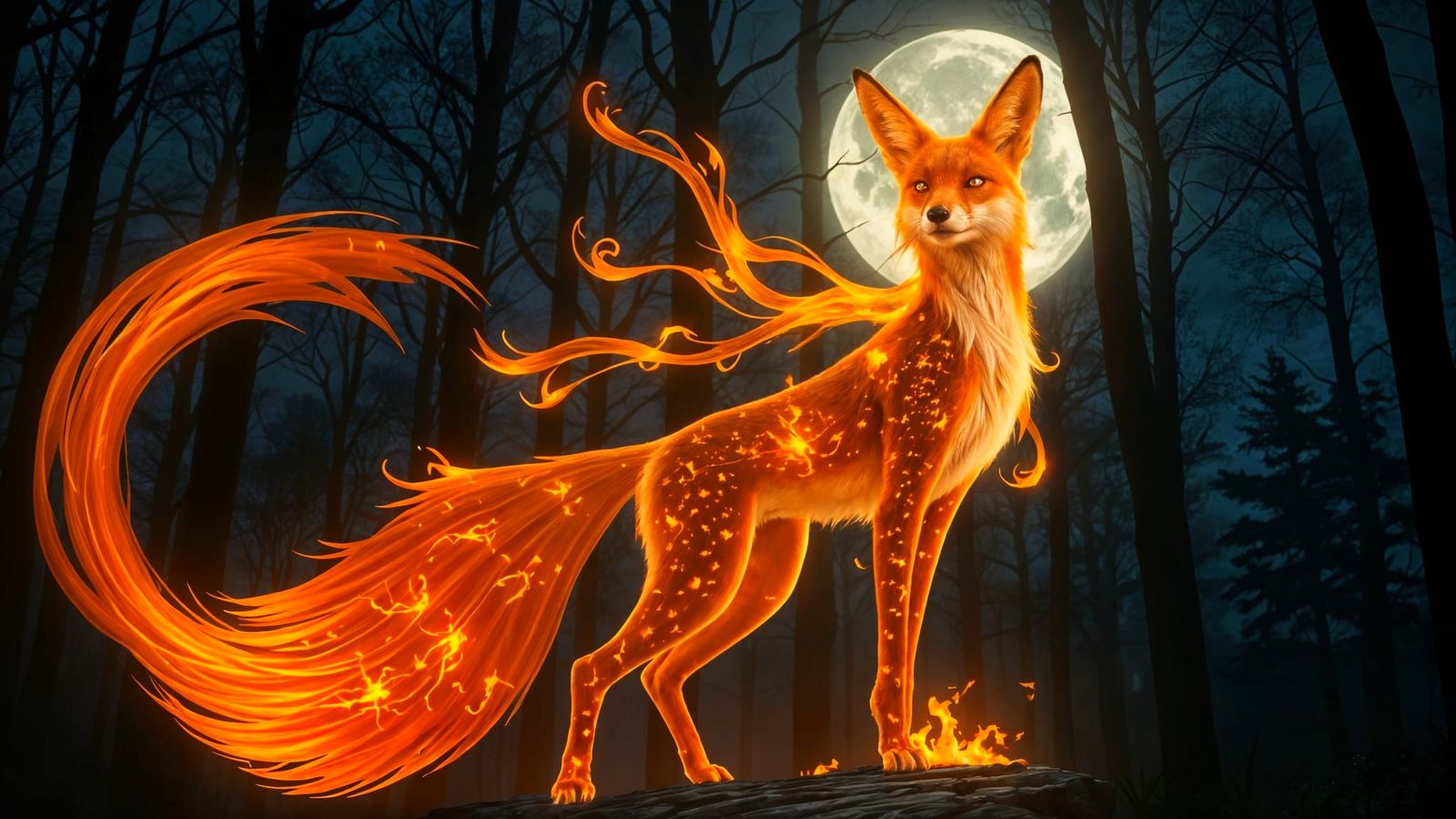 Majestic Fox Spirit in Dark Forest, Fantasy Art