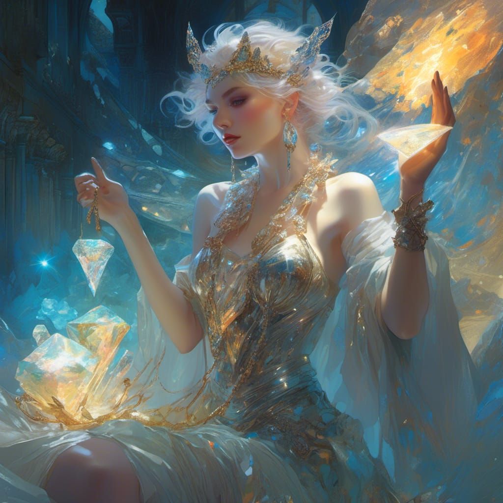 Ethereal Crystal Sorceress in Gem-Encrusted Attire