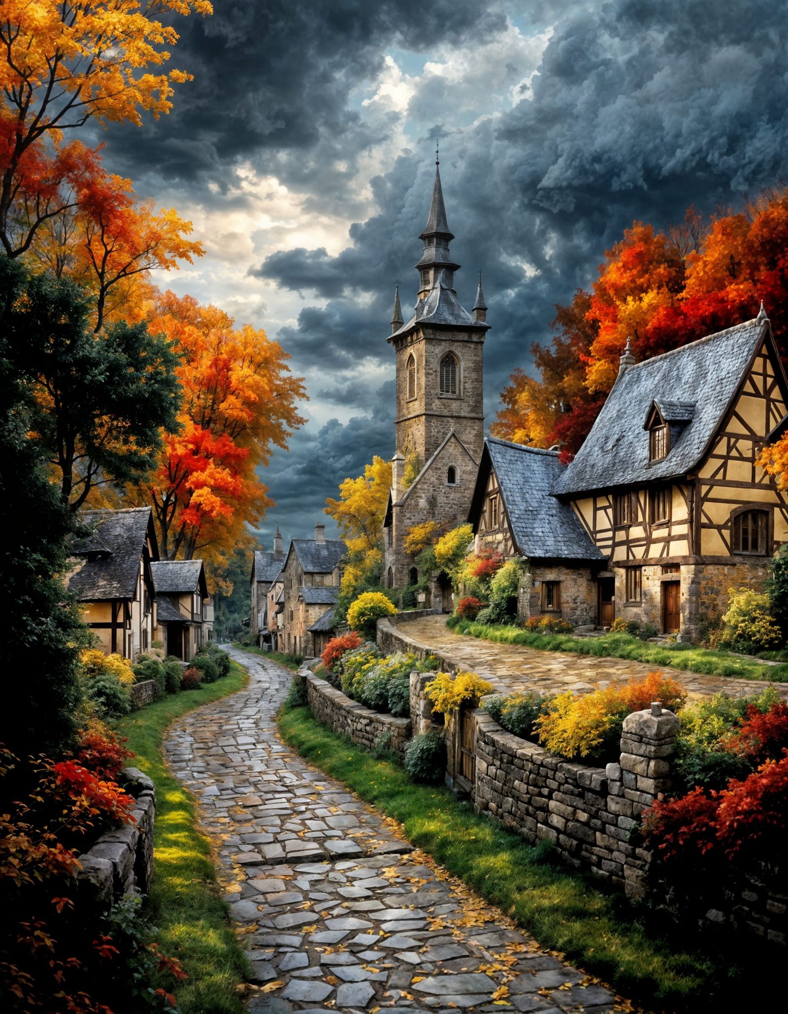 Autumn European Village Path in Dramatic Light