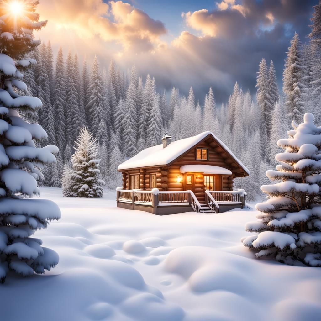 Capture the essence of a snowy, winter wonderland with a pristine landscape and cozy cabins for a holiday-inspired