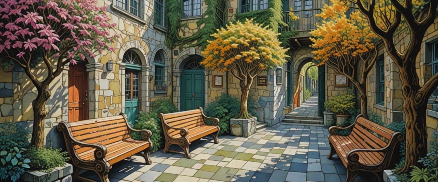 Whimsical Courtyard Scene in Comic Book Style