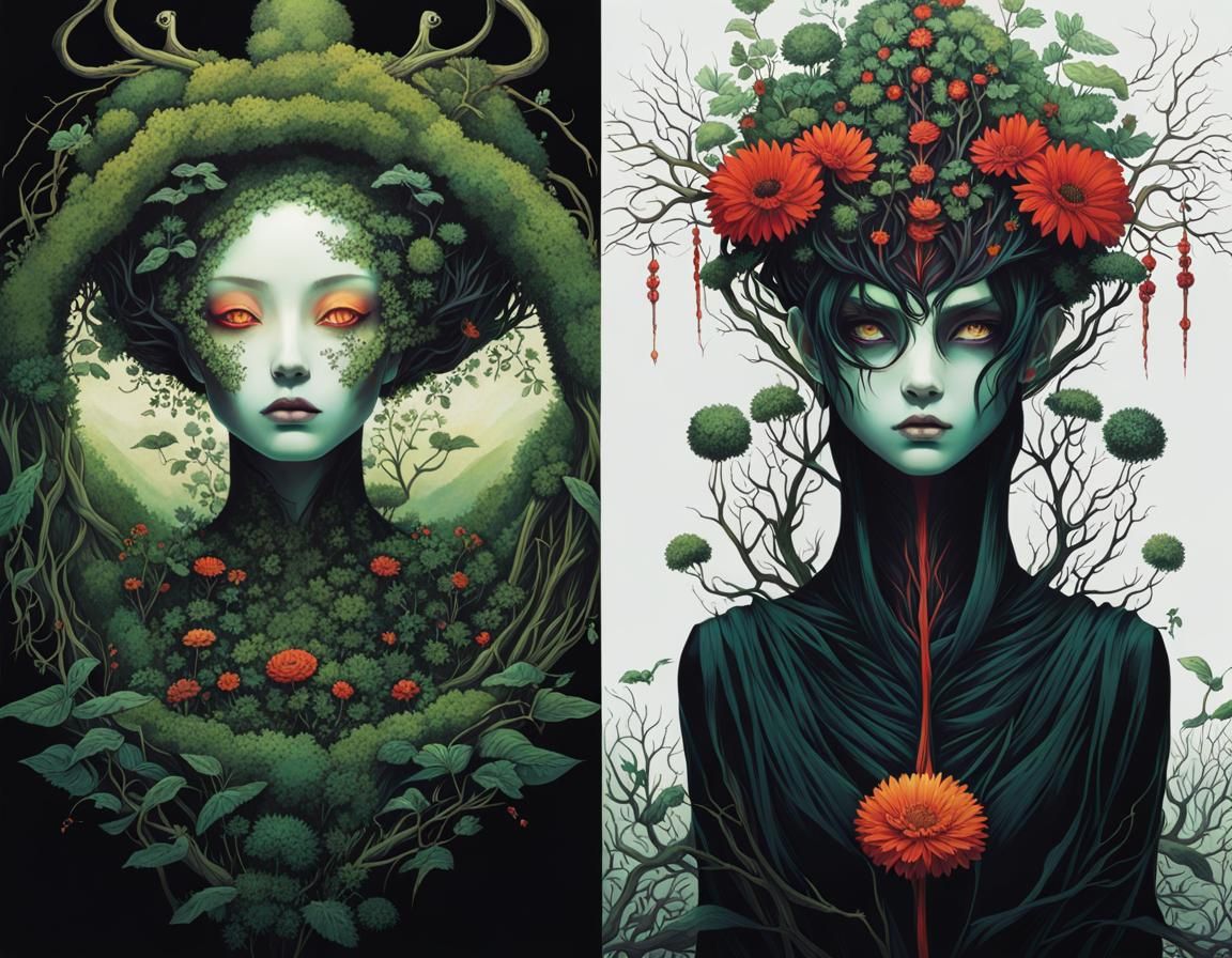 Life and Death Witch Split Image in Ethereal Style