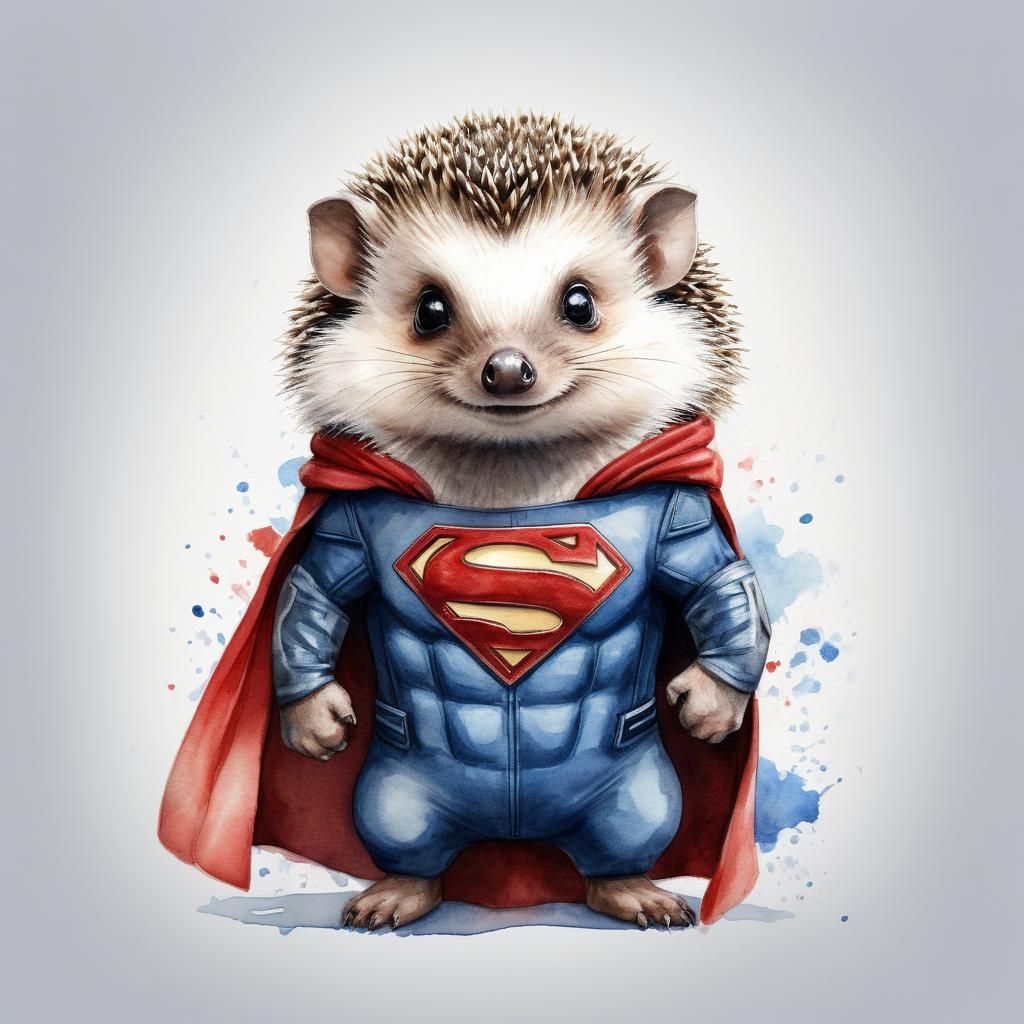 Superhero Hedgehog Watercolor Illustration