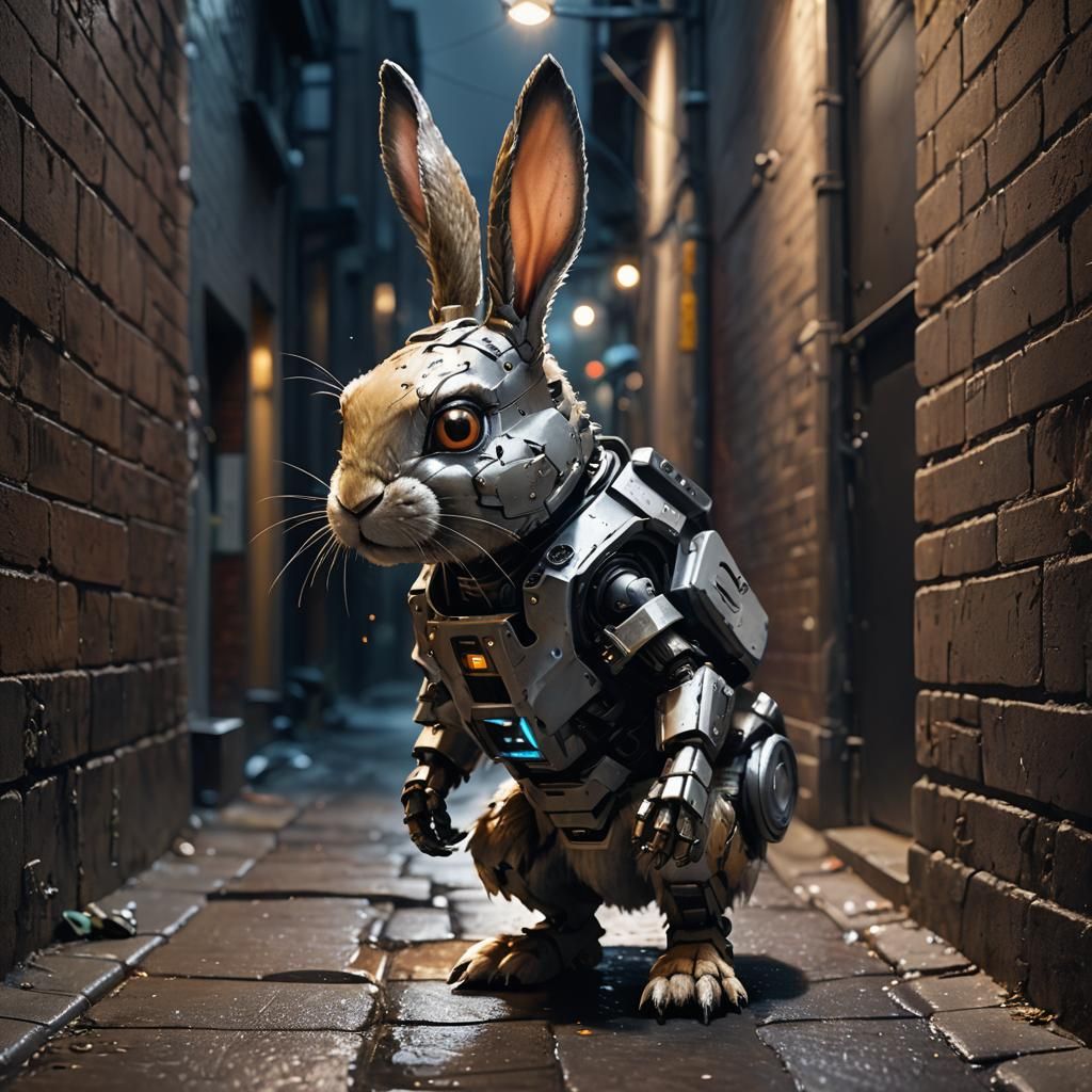 Hyper-Realistic Robot Rabbit Hops in Dim Alley