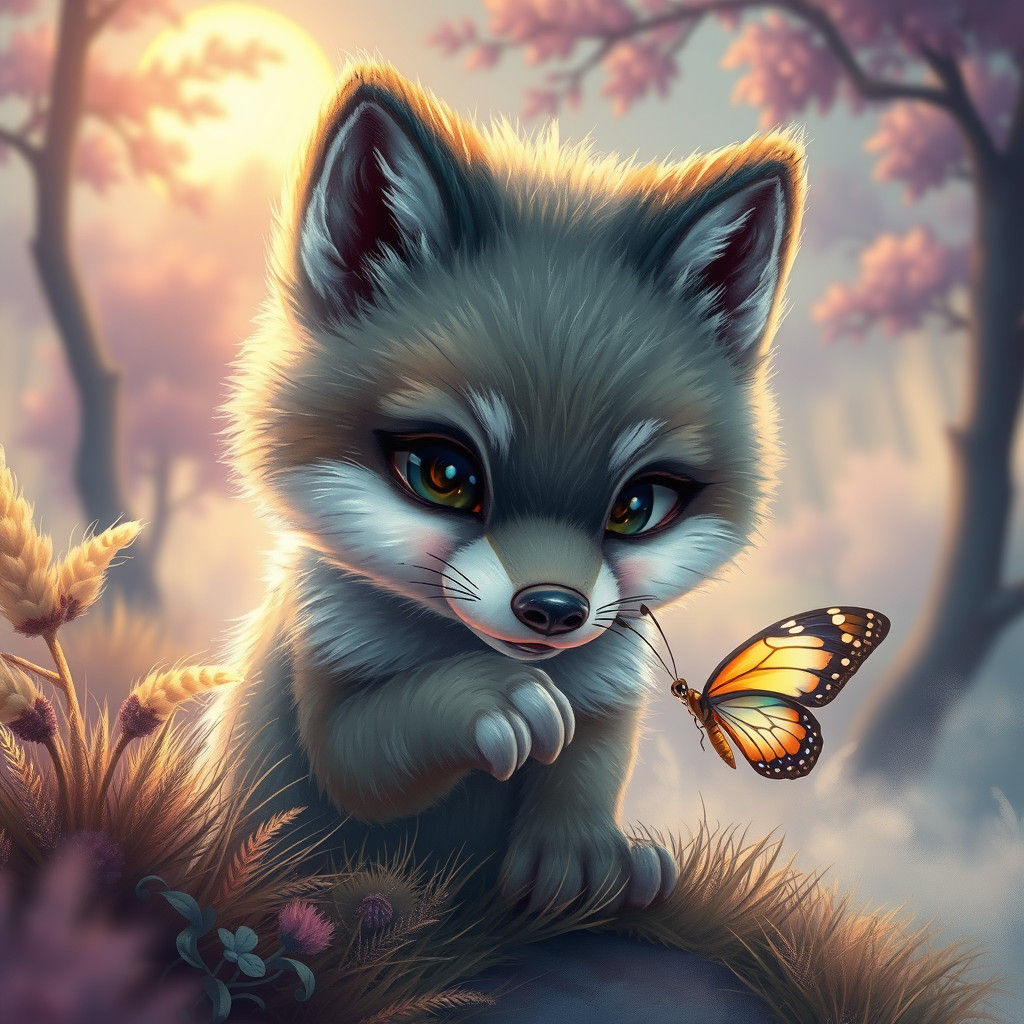 Wolf Cub and Butterfly in Dreamlike Landscape
