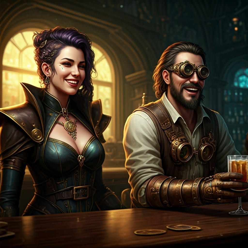 Sorceress and Engineer Enjoy Drinks: Fantasy Art