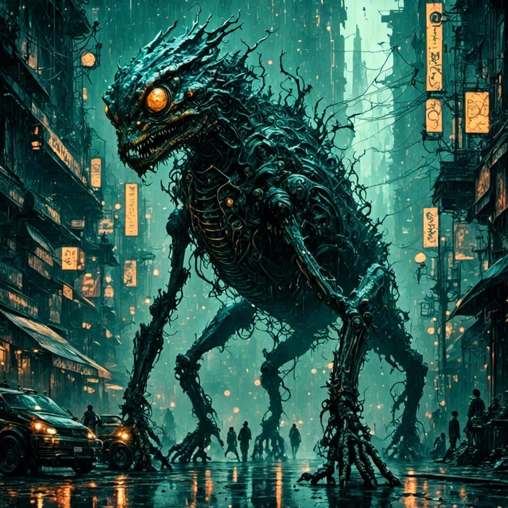 Cyberpunk Basilisk Bounty Hunter in Sci-Fi Style