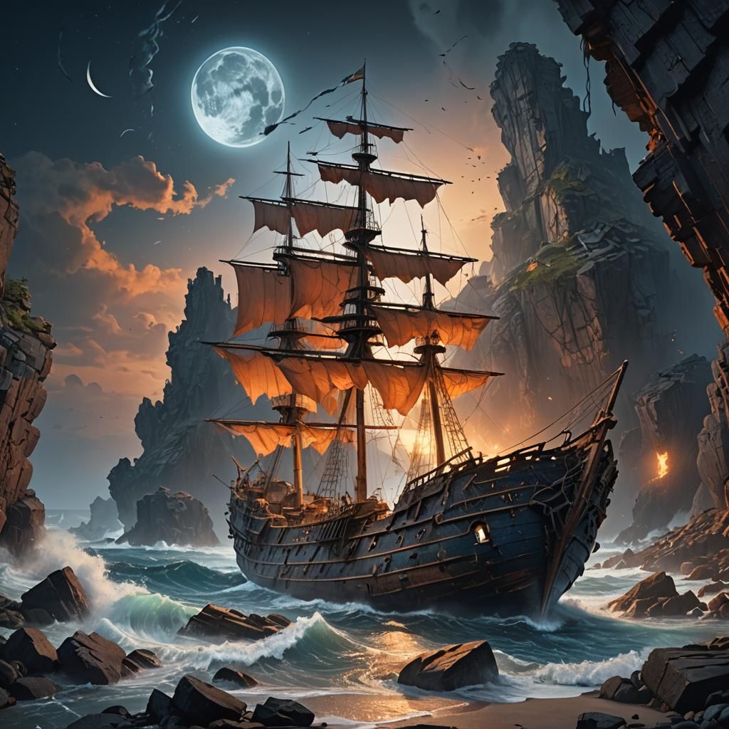 Ethereal Shipwreck at Night: Fantasy Concept Art