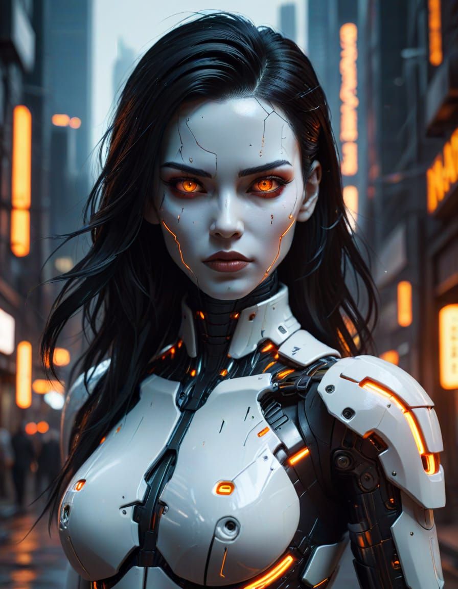 Cyberpunk Android with Glowing Eyes in Neon City