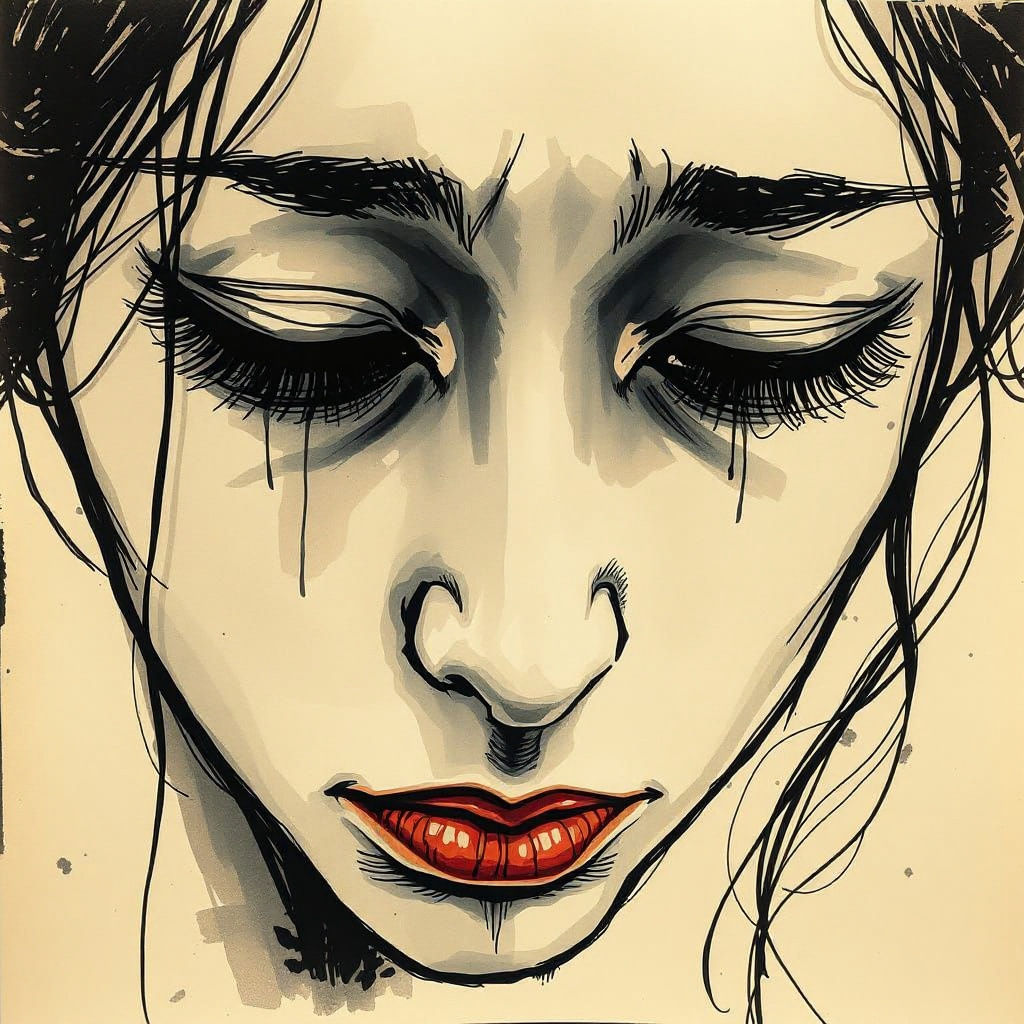 Sorrowful Woman's Face in Chinese Ink Painting Style