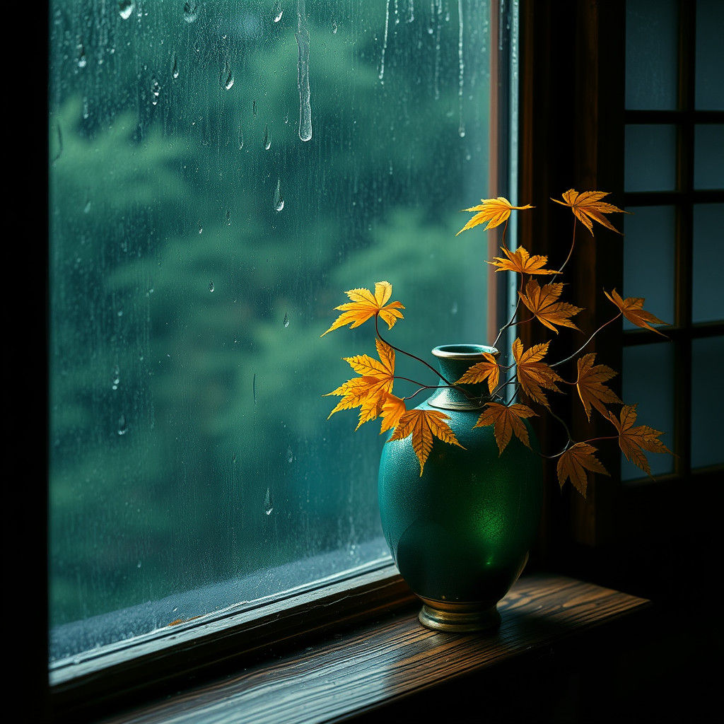 Emerald Raindrops on Window with Japanese Vase