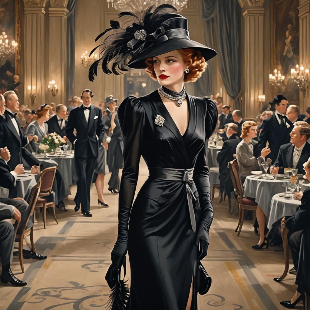 Elegant 1930s Woman Enters Grand Ballroom