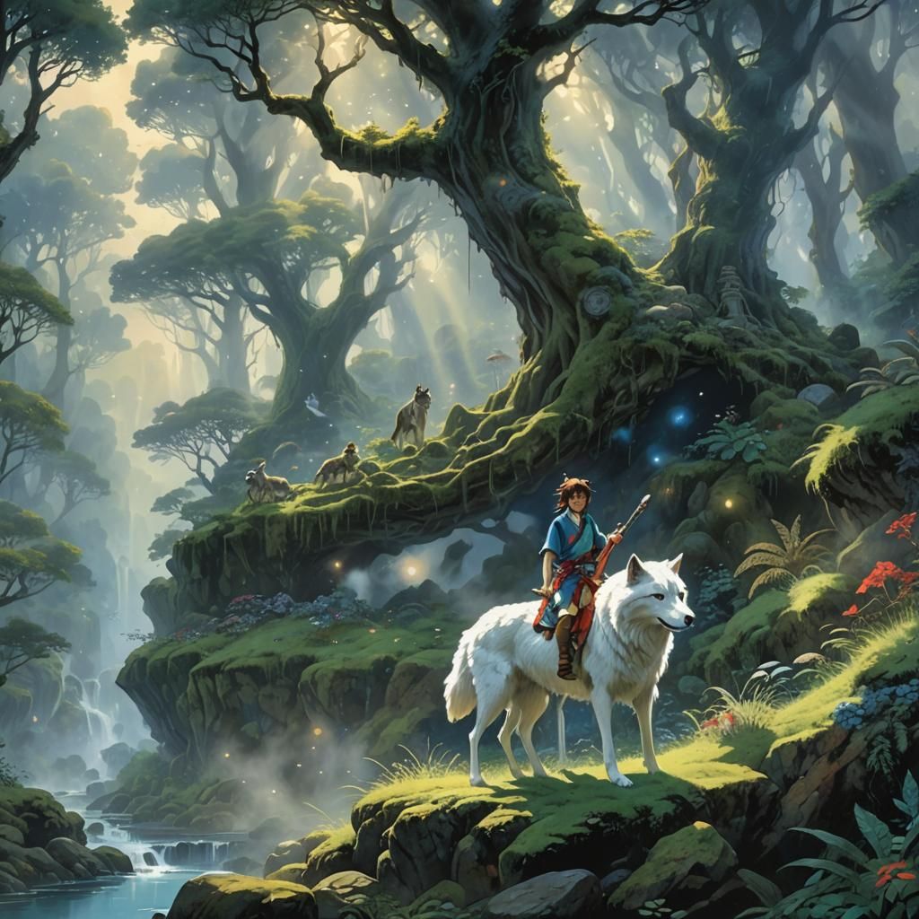 Princess Mononoke in Ethereal Fantasy Landscape