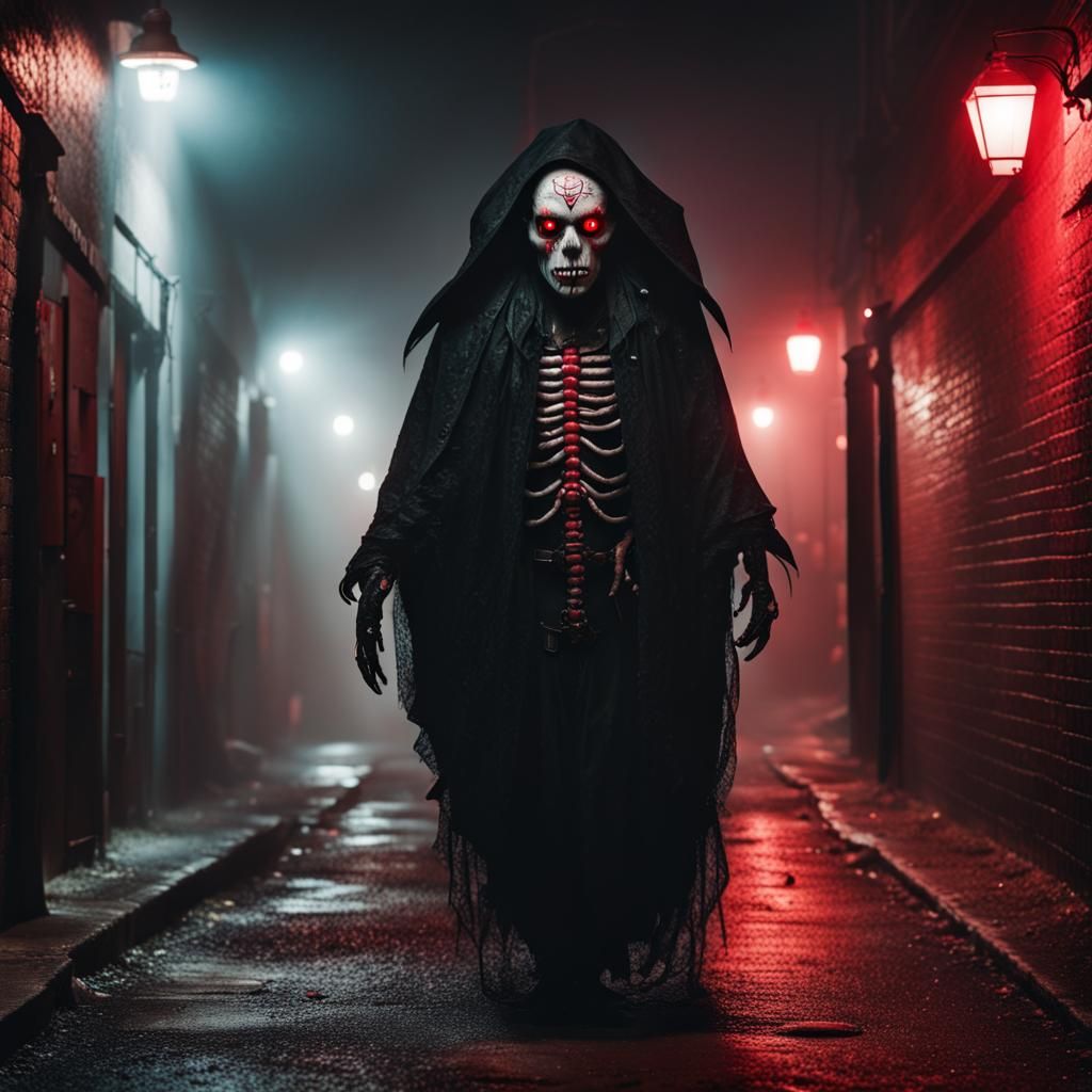 Lovecraftian Dia de los Muertos Creature in Foggy Alley