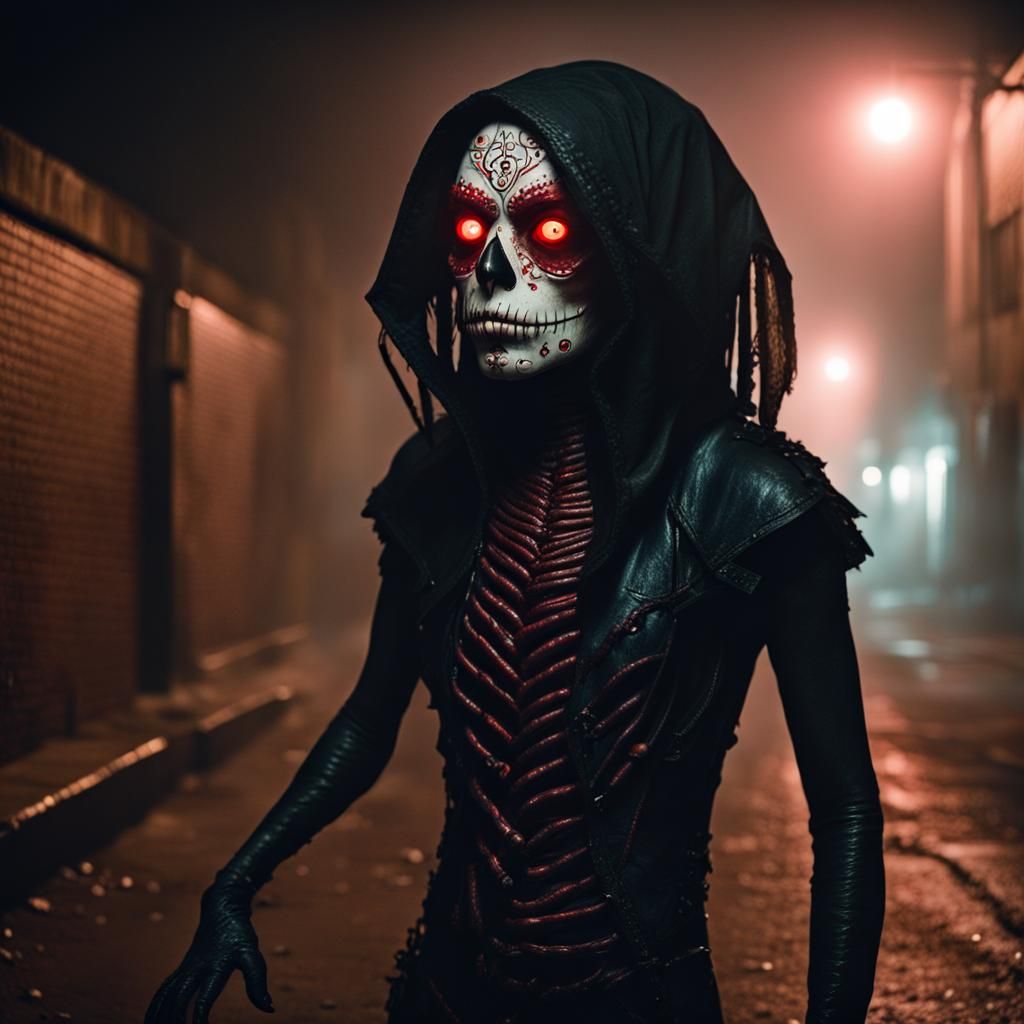 Lovecraftian Dia de los Muertos Creature in Dark Alley