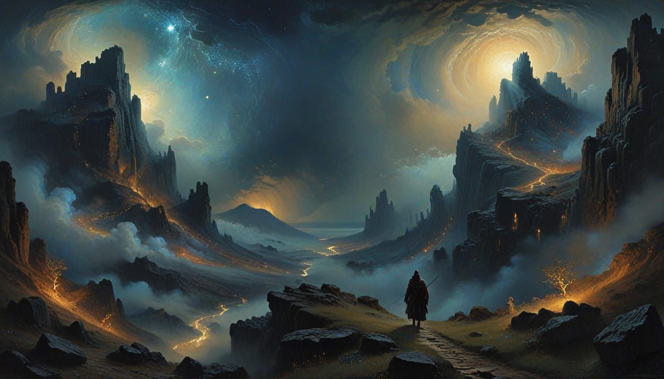 Dante and Virgil Climb Through Eerie Misty Mountains