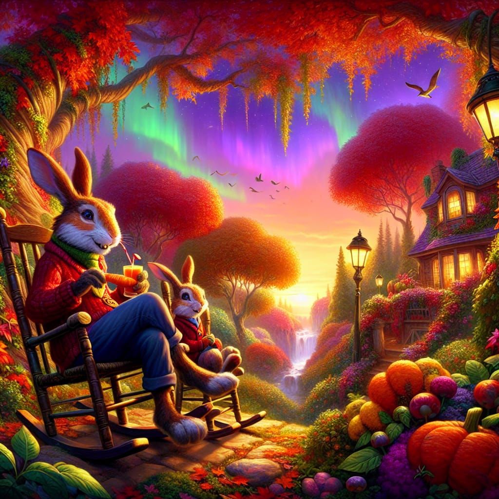 Anthropomorphic Rabbits in Autumn Fantasy Landscape