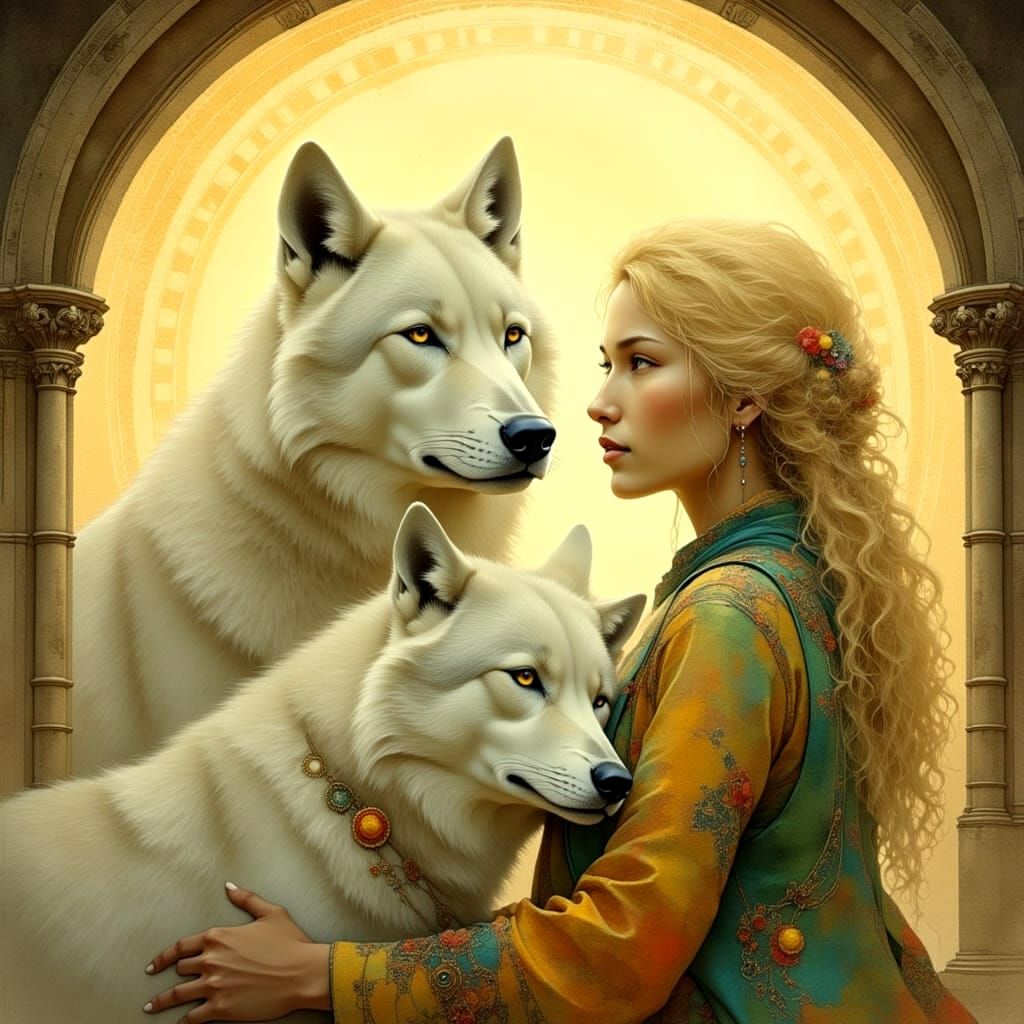 Majestic White Wolf Basks in Golden Sunlight near Tower Brid...