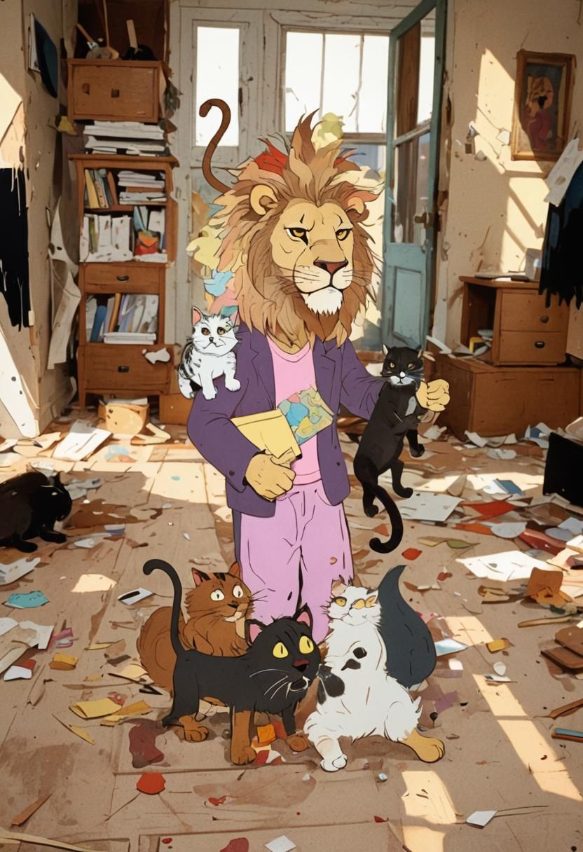 Cartoon Lion Overwhelmed by Cats in Messy House